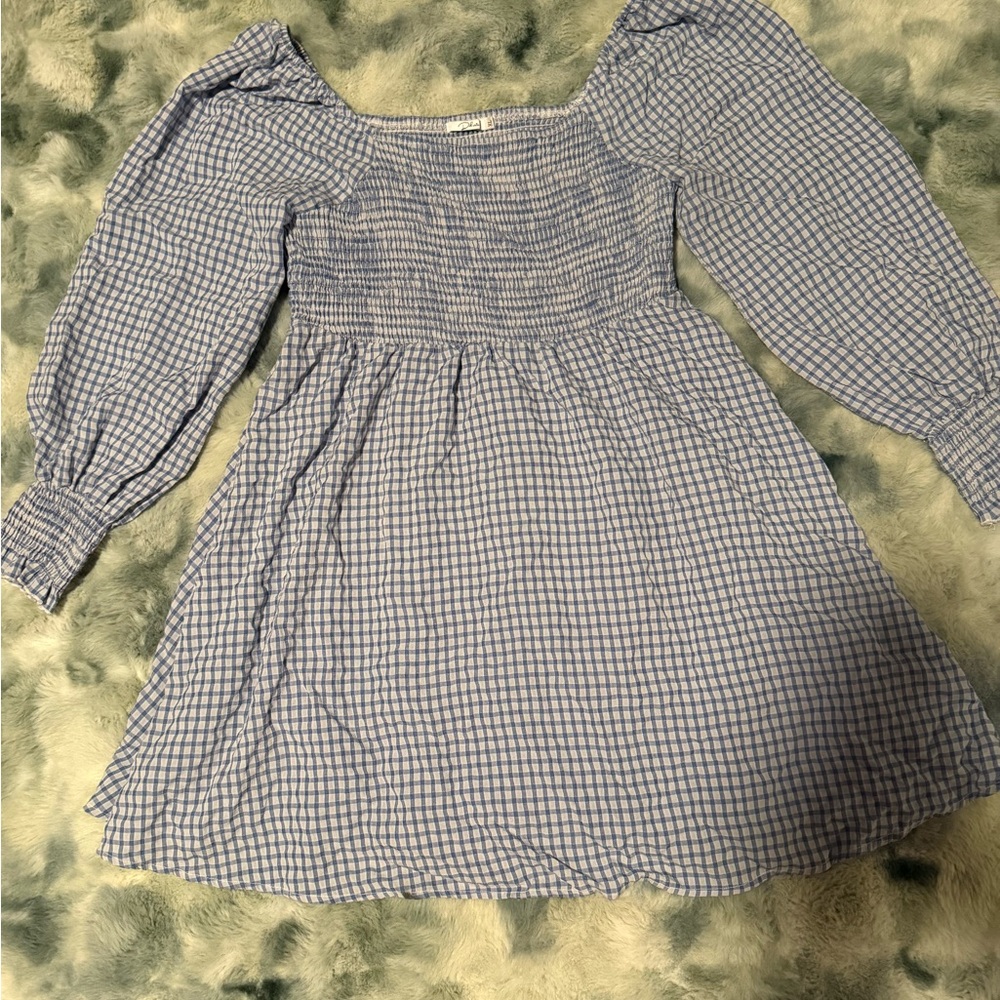 Elegant Blue Checkered Long Sleeve Dress